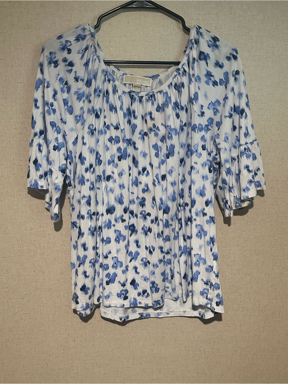 MICHAEL Michael Kors 2X White Blouse with Blue Floral Print Ruffle Sleeves